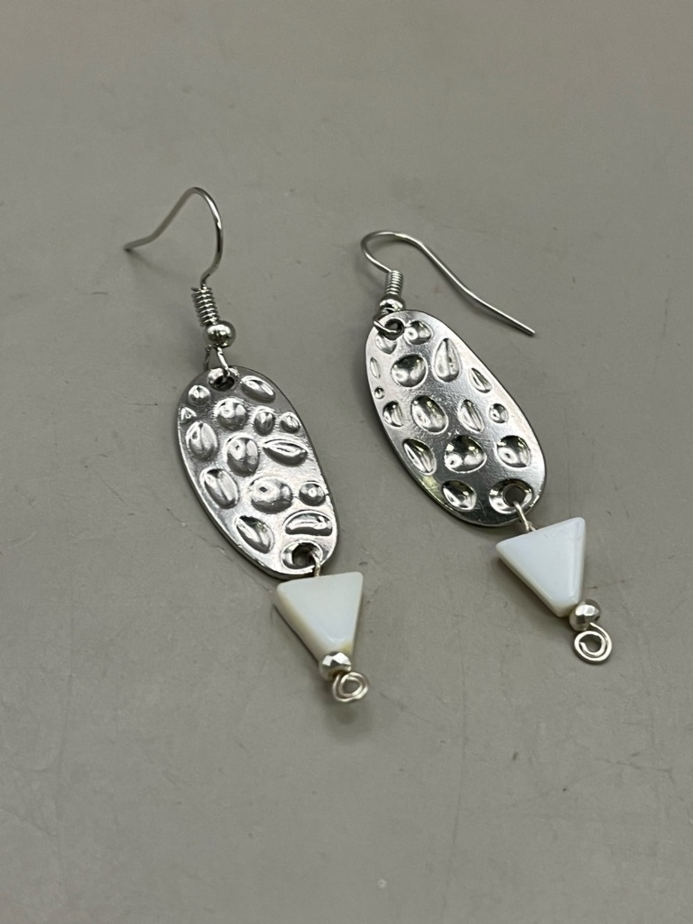 Silver-Tone Textured Drop Earrings with White Triangle Bead